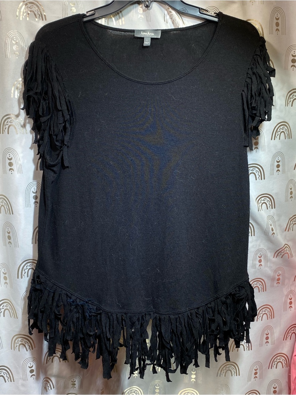 Neiman Marcus Black Short-Sleeve Fringe Tee
